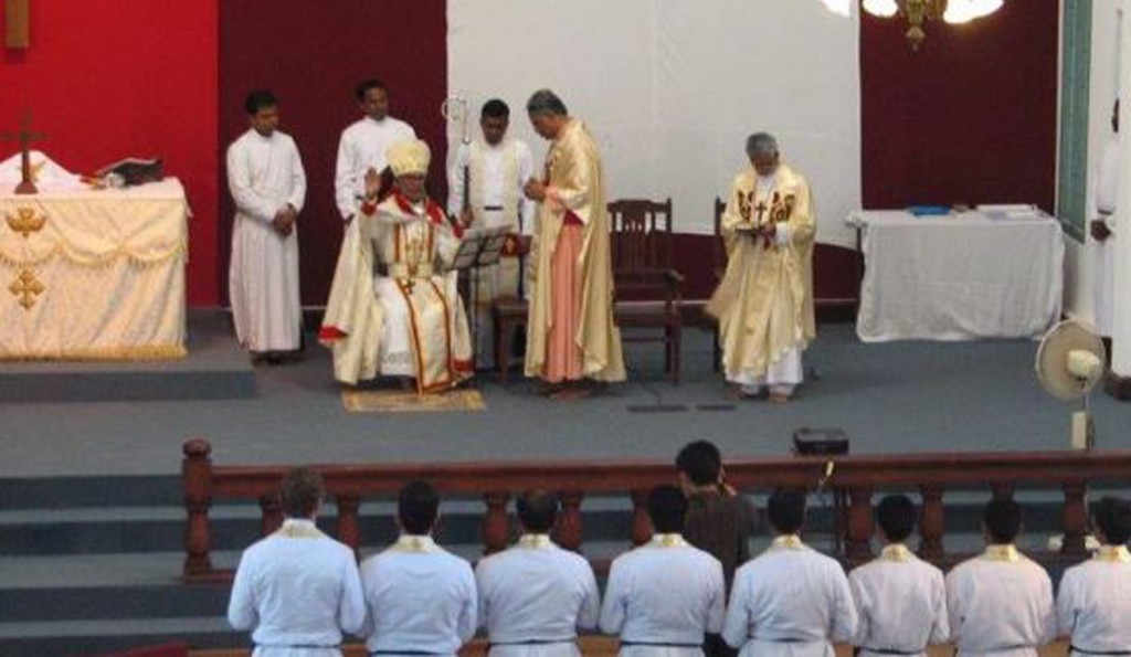 Believers Church ordination ceremony January 2013 at the Seminary in South India. His Eminence the Most Reverend Dr. KP Yohannan, Metropolitan Bishop Believers Church is seated.